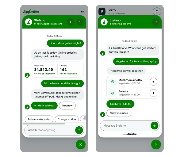 Stefano, the Appetite AI assistant, on two phones: telling a venue how last night went and marking a dish sold out, and suggesting vegetarian dishes to a customer ordering at Ferro