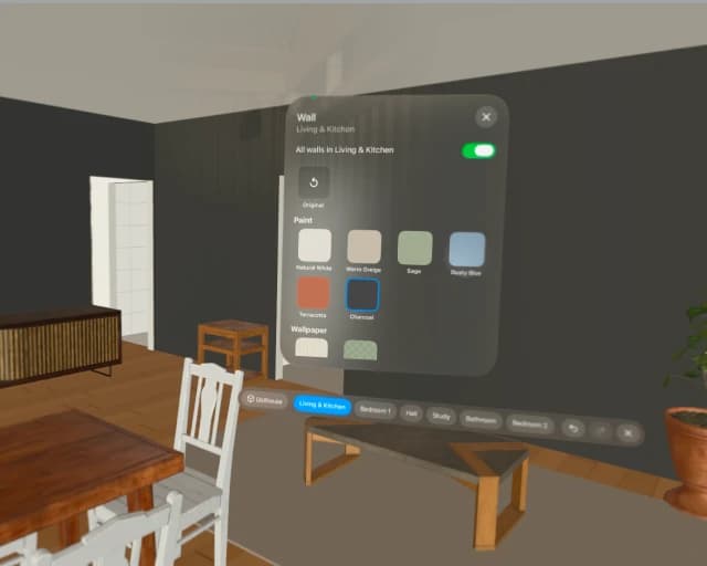 A 3D walkthrough of a home with a floating panel for choosing paint and wallpaper for the living room and kitchen walls