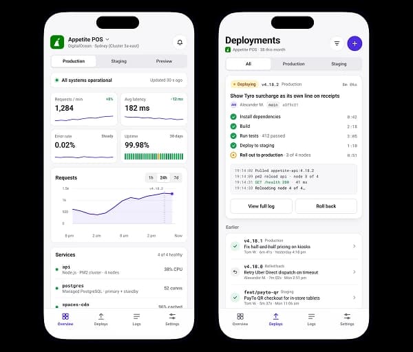 Appetite POS on two phones: the production overview with requests, latency and uptime, and a release rolling out to production