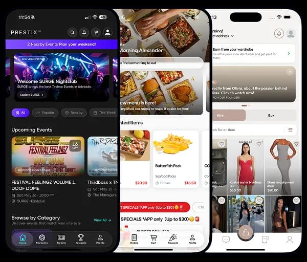 Three apps on phones: PRESTIX upcoming events, Appetite food ordering and UrbanHires clothing hire