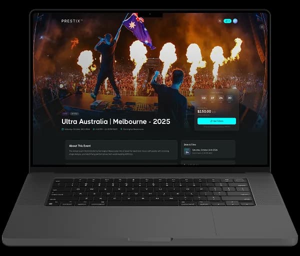 PRESTIX on a laptop: the Ultra Australia Melbourne 2025 event page with the ticket price, a countdown and Get Tickets